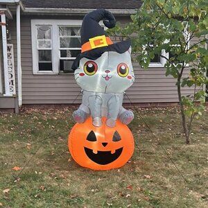 6 FT Cat Sitting Pumpkin Halloween Blow Up Inflatable Decorations with LED Light